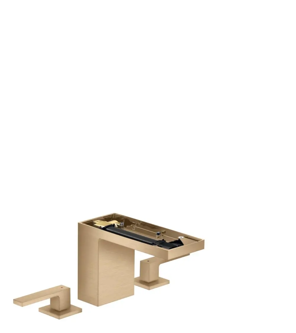 AXOR Waschtischarmatur in Brushed Bronze, bestehend aus einem Hauptteil mit Wasserablauf und einem separat montierbaren Bedienhebel. Keine Platte vorhanden.